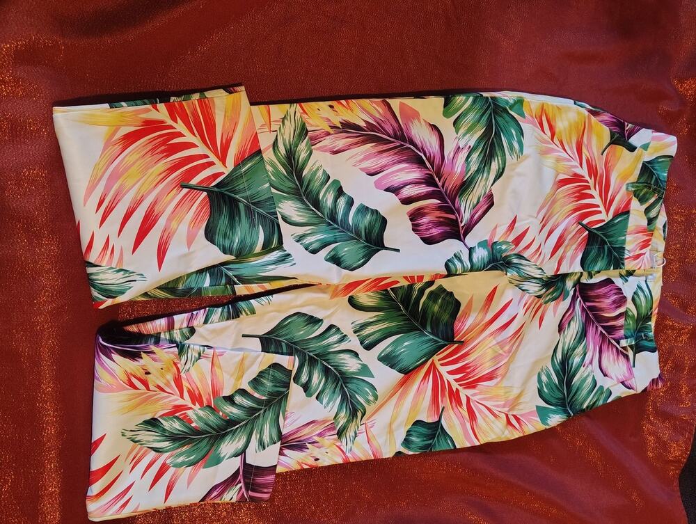 Ovi Pants Womens Wide Leg Tropical Leaf Print High Waist Palazzo White Beach